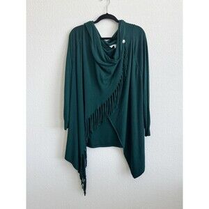 Pink Cattlelac Women's Green Knit Poncho Tunic Top Fringe Button XXL